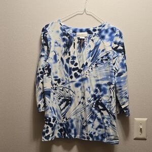 Alfred Dunner Blue and White Patterned Long Sleeve Top